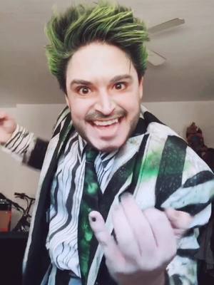 A post by @whoelsebutcoop on TikTok caption: HEY FOLKS, BJ’S HERE WITH MY VERY FIRST TIKTOK!💀😈#beetlejuicecosplay #beetlejuicebugbitescontest