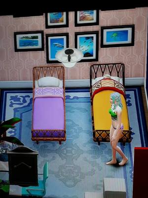 A post by @simslife_123 on TikTok caption: kaitlin sprayed the monster under annas bed #sims4 #foryou #simsroleplay