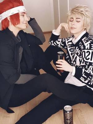 A post by @stopmockingjay on TikTok caption: Drunk Bakugou and Kiri hanging out @frost_cos • #cosplay #mha #bnha #bnhacosplay #myheroacademia #bokunoheroacademia #bakugou #kirishima #kiribaku