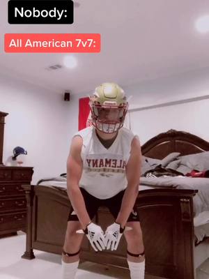 A post by @emmielopez1 on TikTok caption: Bruh it’s just a 7 on 7 I don’t know why they wear real helmets it’s just a 7 on #allamerican #fyp #foryoupage #MySkinandME