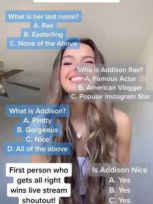 A post by @addisonrae__..1 on TikTok caption: Who wants a livestream shoutout? #fyp #fun #quiz #addisonre #addisonrae @addisonre