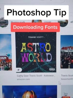 A post by @bradyrobison_ on TikTok caption: How to download free fonts in Photoshop! // #photoshop #photomagic #photoshop101 #fyp #photoshophack #font #astroworld