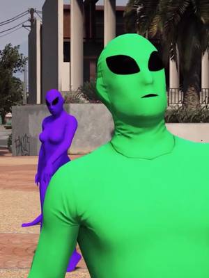 A post by @zumiefiasco on TikTok caption: green is ready for war. 👽💀👽#gta #gta5 #gtav #greenalien #purplealien #foryoupage #foryou #fyp