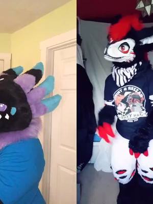 A post by @rezi_a_dog on TikTok caption: #duet with @x_razzer_x Triko 🙄 #furry #furries #fursuit #fursuiter