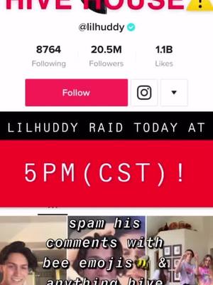 A post by @hivehouse2020 on TikTok caption: As many of you requested, we will raid lilhuddy’s comment section TODAY AT 5PM (cst)!!🐝 ⚠️SPREAD THE WORD⚠️ #hivehouse #SpaceForceWalk #LetsCook