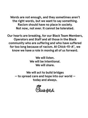 A post by @cfamillsboro on TikTok caption: We invite you to read more including personal thoughts and reflections from our CEO Dan Cathy: https://spr.ly/6187G1AvZ #georgefloyd #chickfila