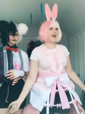 A post by @danganronpahypehouse on TikTok caption: what are your next cosplans! @poppyblooms  (with my cousin @abiblanks  as monokuma) #ImComingOut #monomi #monokuma #danganronpa