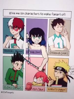 A post by @artzandstoofs on TikTok caption: 2 months and 18382 styles later I'm finally done #sixfanart #sixfanartschallenge #naruto #bnha #haikyuu #hxh #tbhk #kny #anime #art #animeart