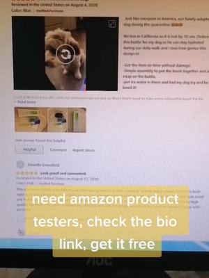 A post by @reviewersneeded on TikTok caption: check bio link, dog water bottle for you,  join our free trail program, DM at ins, we 're waiting for you😉#amazonfinds #dogsoftiktok #productreview