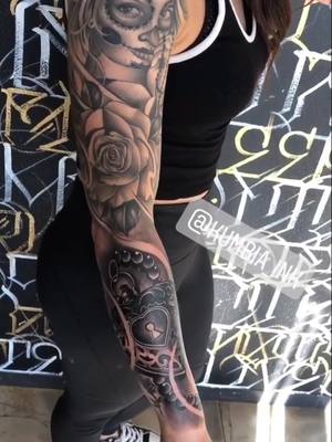 A post by @swisherbby on TikTok caption: Full Sleeve Progress 💉🖤 #dukecityink #dukecity #albuquerque #NM #tatted #ink #inkmaster #girlswithtattoos #tattooedgirls   #inkmybody #tattoo