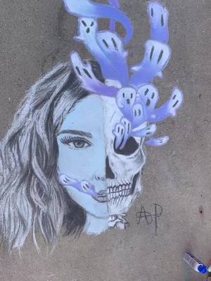 A post by @audreyplata on TikTok caption: Took 3hrs & 30mins💜 Song- Ghost by @alexislynnmusic #halloween #halloweenlook #ghost #boo #chalkart #chalk #foryou #fy #foryoupage #fyp #spooky