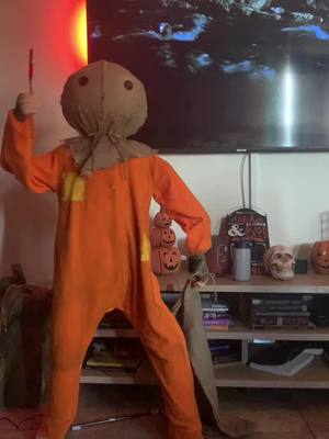 A post by @halloweenbean1 on TikTok caption: it’s halloween!!! happy halloween everyone!!🧡🎃🎃  sam animatronic from￼ @spirithalloween 👻 #fyp #foryoupage #foryou #halloween #trickortreat