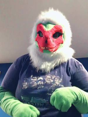 A post by @rezi_a_dog on TikTok caption: Lanatus 2.0 head is done! #furry #furries #fursuit #fursuiter #dinomask #dinosuit