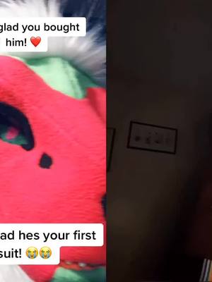 A post by @rezi_a_dog on TikTok caption: #duet with @big.floofflove Reaction to Perisco’s unboxing! (Persico made by me) #furry #fursuit #fursuiter #dinomask #dinosuit #furries