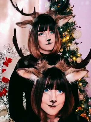 A post by @firecrackercosplay on TikTok caption: me and @kettukitsucosplay as Donner and Blitzen 🦌🦌 #xmas #christmas #reindeer #reindeercosplay #christmascosplay #reindeermakeup