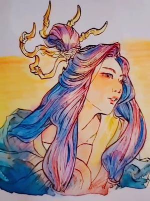 A post by @catttaco on TikTok caption: I'm back! here's a painting of my #oc ! She's a demon queen #art #watercolor #sketchbook #ink #fyp