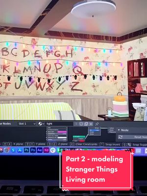 A post by @sonyadraws on TikTok caption: Part 2 of 3D modeling the famous Stanger Things living room #3dmodeling #blender #strangerthings #3d