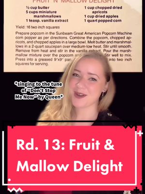 A post by @honey.and.underling on TikTok caption: Rd. 13: Fruit & Mallow Delight. The last of the original recipe book, but not the last #vintage #popcorn recipe from me & Honey. #tiktokrecipes