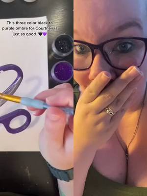 A post by @murphy617 on TikTok caption: #duet with @carpenterswifecustoms OMG I LOVE THEM!! THEYRE BEAUTIFUL!!! #smallbusinesssupport #traumashear #purple