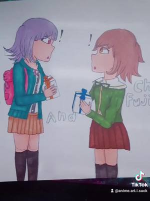 A post by @danganronpa.random on TikTok caption: this is from my main @anime.art.i.suck please follow that account aswell also happy late birthday to those two😊#danganronpa#drawing#chiaki#chihiro