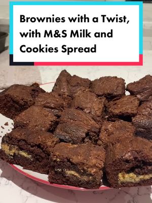 A post by @mandsepsom on TikTok caption: Milk and Cookies Spread Brownies 🥛🍪 use any brownie recipe & add in the spread for gooey brownies #marksandspencer #mands #fyp #foryoupage #brownies