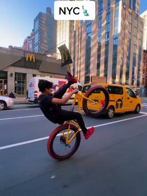 A post by @oneway_boogie on TikTok caption: NYC🗽@sebikesbmx #fyp #viral #YasClean #tiktok #follow #SourPatchPrankFund #style #sebikes #litty #fun #nyc #traffic #wheelie #bikes #like #goat #gas