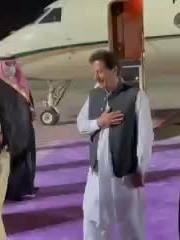 A post by @pti968 on TikTok caption: Prime Minister Imran Khan returns home after completing his three-day visit.  He was seen off at Jeddah Airport by Prince Khalid bin Faisal, Governor