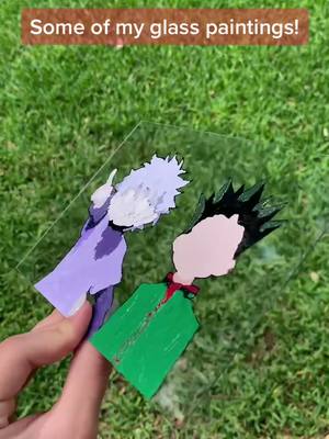 A post by @dabidraws on TikTok caption: Anime glass art! Sale announcement on my insta!! #hxh #jjk #bnha #mha #bananafish #haikyuu#jujutsukaisen #anime#glasspainting #weeb#myheroacademia#art