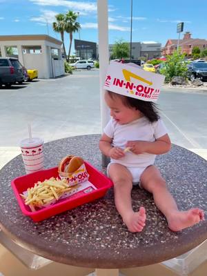 A post by @ashlynbnielsen on TikTok caption: Today is Aleia’s “In-N-Out” day! 🍔🍟                 In for 39w 1d and Out for 39w 1d #innout #babyledweaning #9monthsold #babygirl #foryou #fypシ