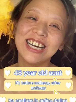 A post by @twnb071 on TikTok caption: The 48-year-old aunt compares before and after makeup, and online love needs to be cautious # makeup