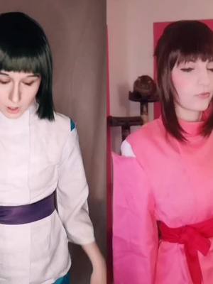 A post by @kyuu_uzumaki on TikTok caption: #Duett mit @pandahimechan I can hear you~ #chihiro #haku #chihirosreiseinszauberland #chihiroxhaku #ghibli #ghiblicosplay #cosplay #hakuchihiro #anime