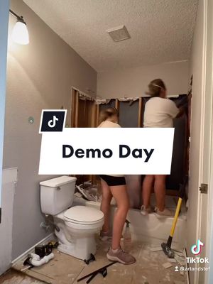 A post by @artandstef on TikTok caption: Demo day is done in our guest bath! Next step:shower tile! #bathroommakeover #demoday #tiktokdiy #diycouple #remodel