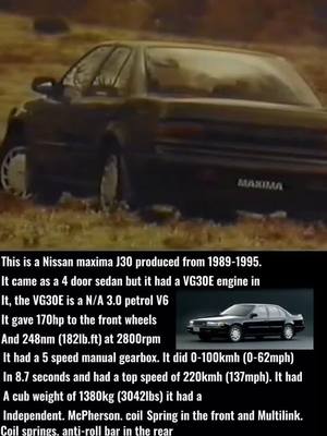 A post by @retroautos on TikTok caption: A bit of misspelling here but u can still read😅 #retroautos #nissan #maxima #j30 #carspecs #nissanmaximaj30 #cars #1990s #sedan