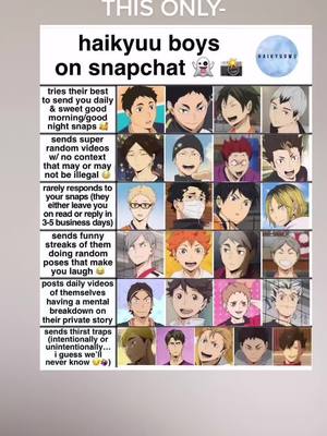 A post by @haikyuu.daily on TikTok caption: good morning snaps #haikyuu #haikyuuchart #yamaguchi #nishinoya #kenma #kageyama #sugawara #bokuto #kuroo #anime #btsarmy