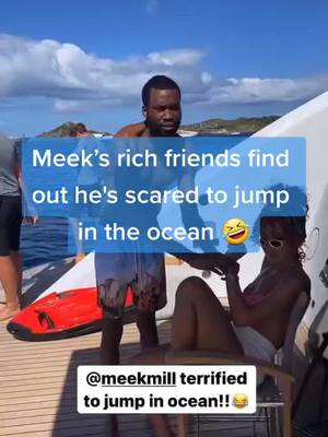 A post by @frshmedia1 on TikTok caption: 🤣 They tried to make Meek Mill jump in ocean but he wasn’t having it😂😂 Smart decision 🎯 #meekmill #michaelrubin #fyp #richfriends