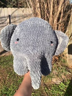 A post by @crochetbudies on TikTok caption: I loved how this jumbo elephant turned out! Link in bio if you wanna adopt it! #elephant #plushie #crochettok #yarntok #fypシ #foryou