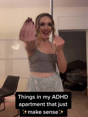 A post by @samanthaliz_ on TikTok caption: Things in my ADHD apartment that just ✨make sense✨ pt. 1 😅 #adhdtok #adhdfitness #neurodivergent #adhdprobs