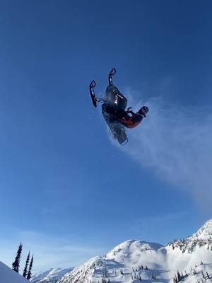 A post by @mikeaugust_ on TikTok caption: Came across this slo mo clip from my last trip to revy a few weeks ago! Thanks @Austin Orgar for snapping this!                     @509inc @cheetah_snow #sendit #skidoo #sledtok #turbo850 #turbo