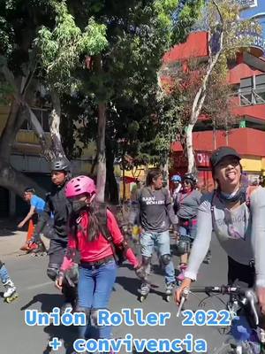 A post by @rollerfriendly on TikTok caption: Unión Roller 2022 Ruta y convivencia donde se dieron cita diferentes grupos de la CDMX para rodar juntos y seguros en rutas nultinivel. Personas de todas las edades y niveles sacaron a calentar baleros tomando las calles de la ciudad. Especial mención al staff y equipo de Baby Rollers 🤘🏽🛼