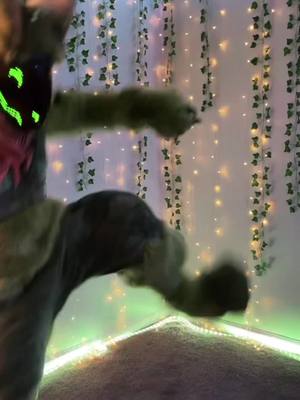 A post by @viridianprotogen on TikTok caption: I tripped on my tail >w> #furry #fursuit #protogen