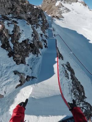 A post by @pierre.vaultier on TikTok caption: tight finish! 😰🥵 Glad I did not fall over!!#scary #pumptrack #snowboarding #serrechevalier #reshapes