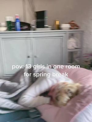 A post by @angggiiii on TikTok caption: 13 girls. one room. one bathroom.