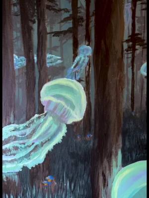 A post by @shell.bee.027 on TikTok caption: Ever seen a giant bioluminescent jellyfish flying around?                                 #painting #acrylic #arttok #jellyfish #forest #EasyWithAdobeExpress #canvas