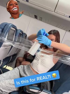 A post by @rjcan2 on TikTok caption: Is this chick for real?! Creates cacoon on the plane! #viral #viralvideo #viraltiktok #wtf #plane #planegonewrong #insane #issheforeal