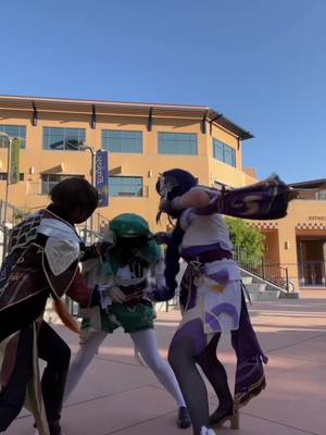 A post by @kotoris.birb on TikTok caption: POV: the archons finally see eachother // Raiden (@Kelly 🥸 ) zhongli (@yoongiinterlude ) #GenshinImpact #zotcon #raidenshogun #zhongli #venti #genshinimpactcosplay #archons