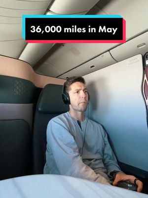 A post by @agrimisadventures on TikTok caption: Not a flex, just a fact. Went around the world one and a half times in May, had a lot of bad ravioli’s on the plane too lol. #travelvlog #frequentflyer #firstclass #luxurytravel