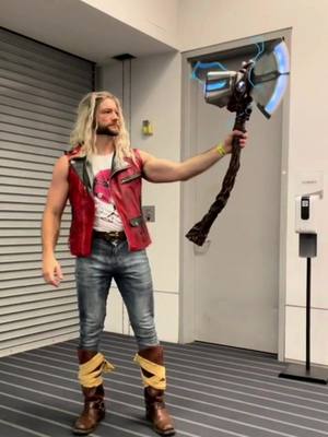 A post by @geeksgonnageek on TikTok caption: @captcashcosplay built a bottle opener into his Stormbreaker 😂 #thor #thorloveandthunder #cosplay #marvel