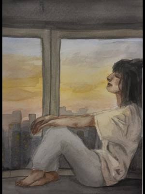 A post by @shell.bee.027 on TikTok caption: Messy, moody, watercolor 🌆                  #arttok #watercolor #painting #moody #cityscape #goldenhour #window