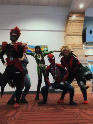 A post by @nothink.cos on TikTok caption: Casual con vibes👍 #fanexpo2022 #mhacosplay #kirishima #bakugou #tsuasui #mina #myheroacademia #spiderman