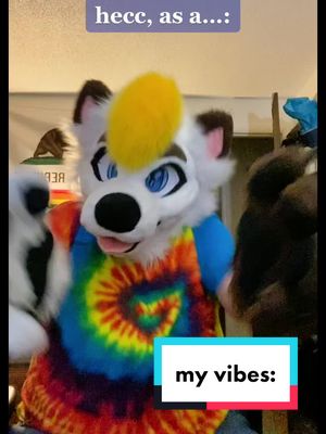 A post by @awwhecc on TikTok caption: saw @wildbitesback do this trend and really wanted to have a go at it, even if my vibes are all over the place 😅🌉 #furry #fursuit #fyp #furriesoftiktok #furryfandom